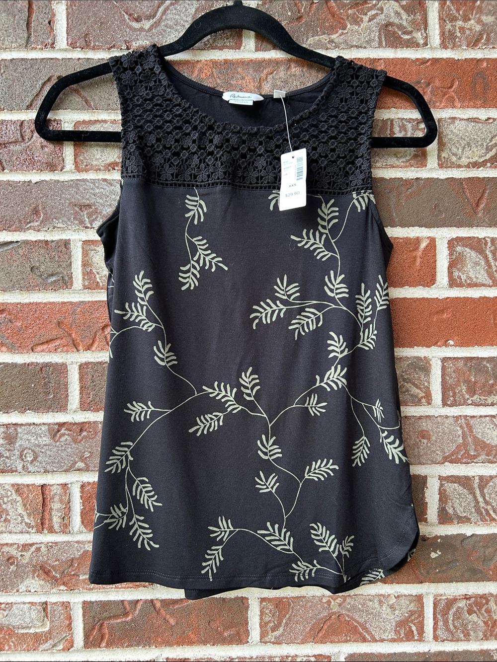 Reitmans Black Tank with Olive Leaf Motif and Crochet Neckline